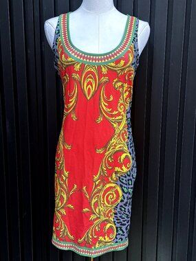 Red Gold Baroque Leopard Print Sleeveless Scoop Neck Shift Mini Dress